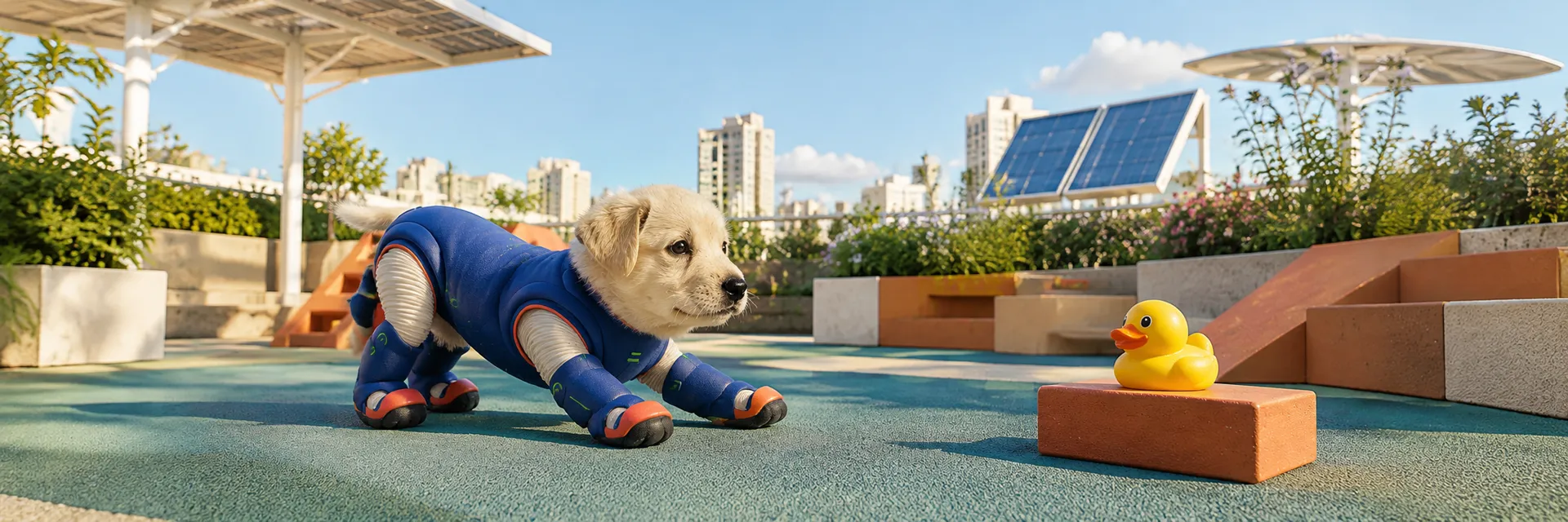 Jotchua 3000: a cream puppy in a blue robotic exosuit stalking a yellow rubber duck on a terracotta block, on a rooftop dog park.